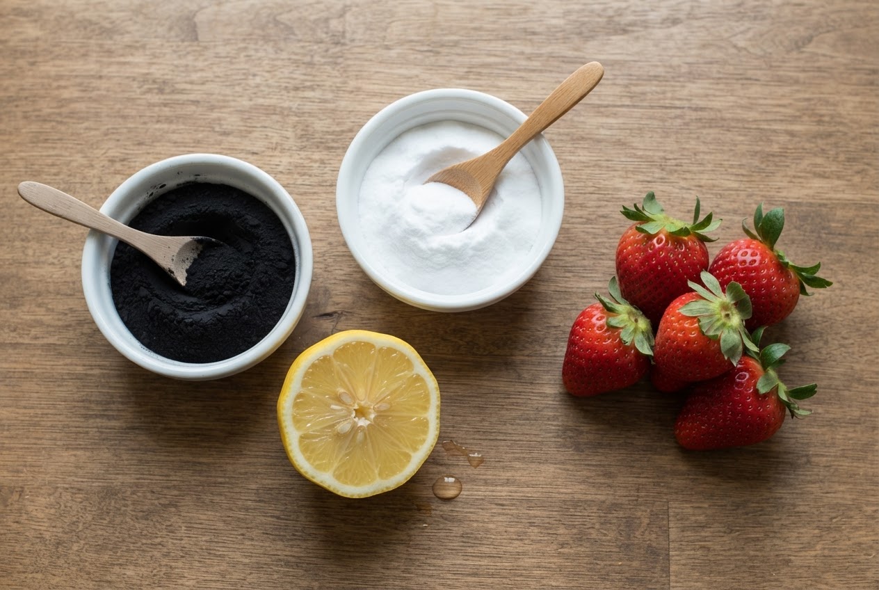 Baking soda, activated charcoal, lemon, and strawberries arranged on a kitchen table.