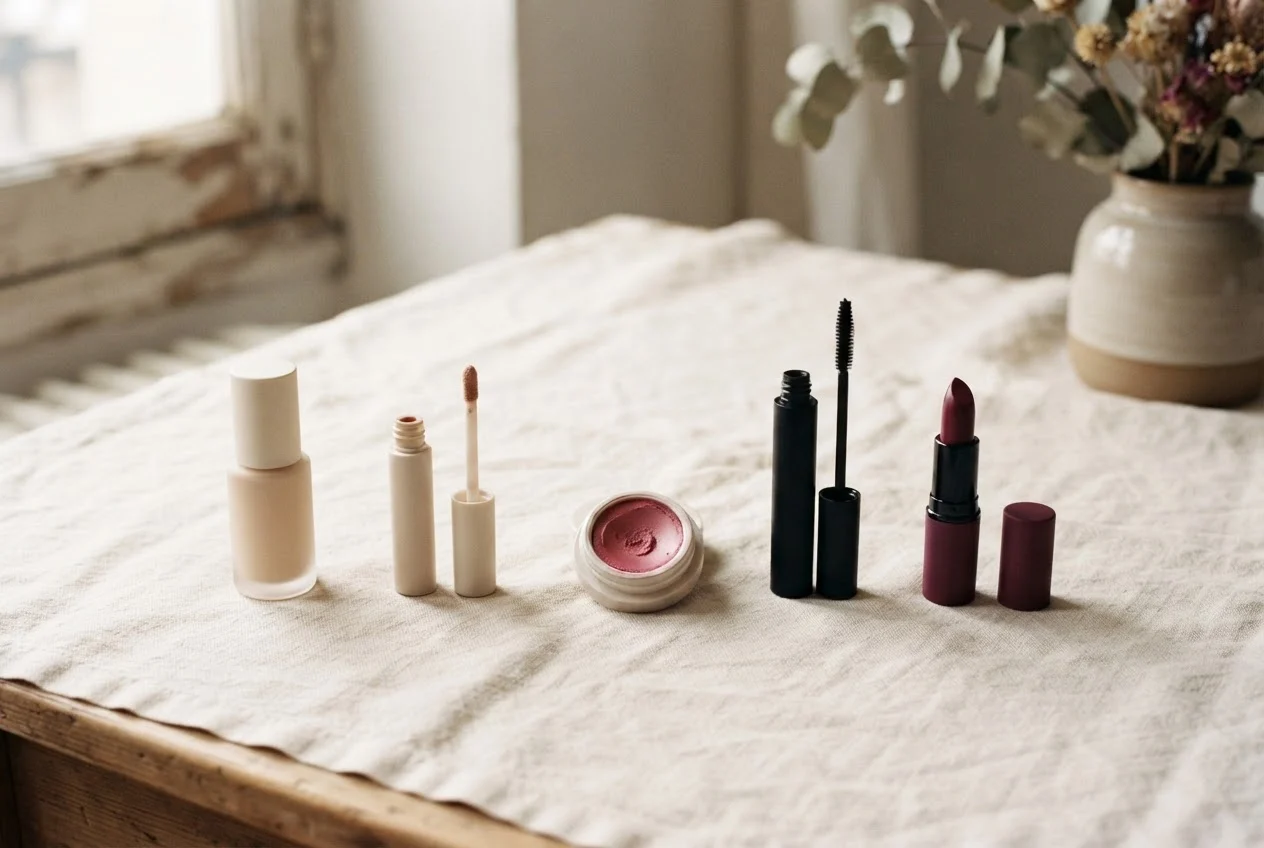 Fünf beispielhafte Makeup-Produkte nebeneinander