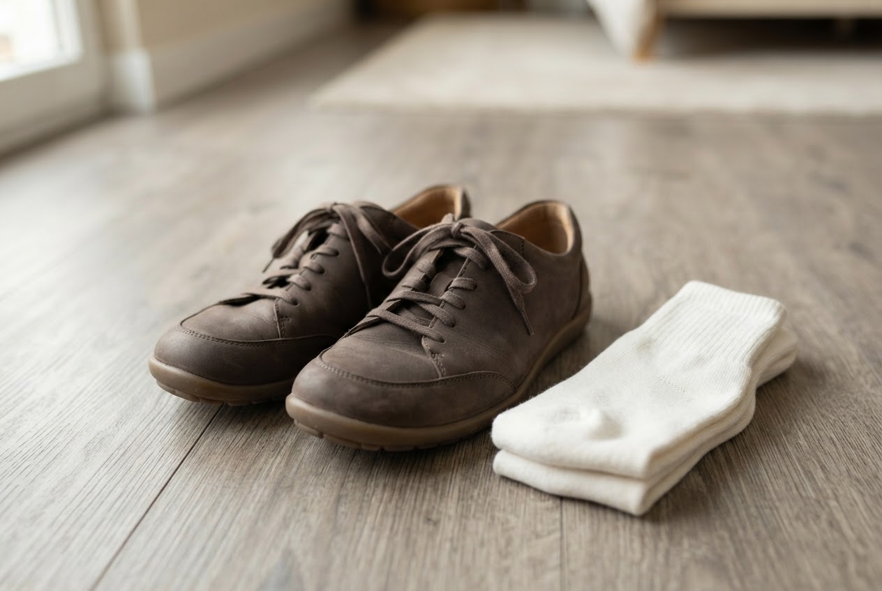 Ein Paar bequeme Lederschuhe und daneben ein Paar weiße Baumwollsocken auf dem Boden.