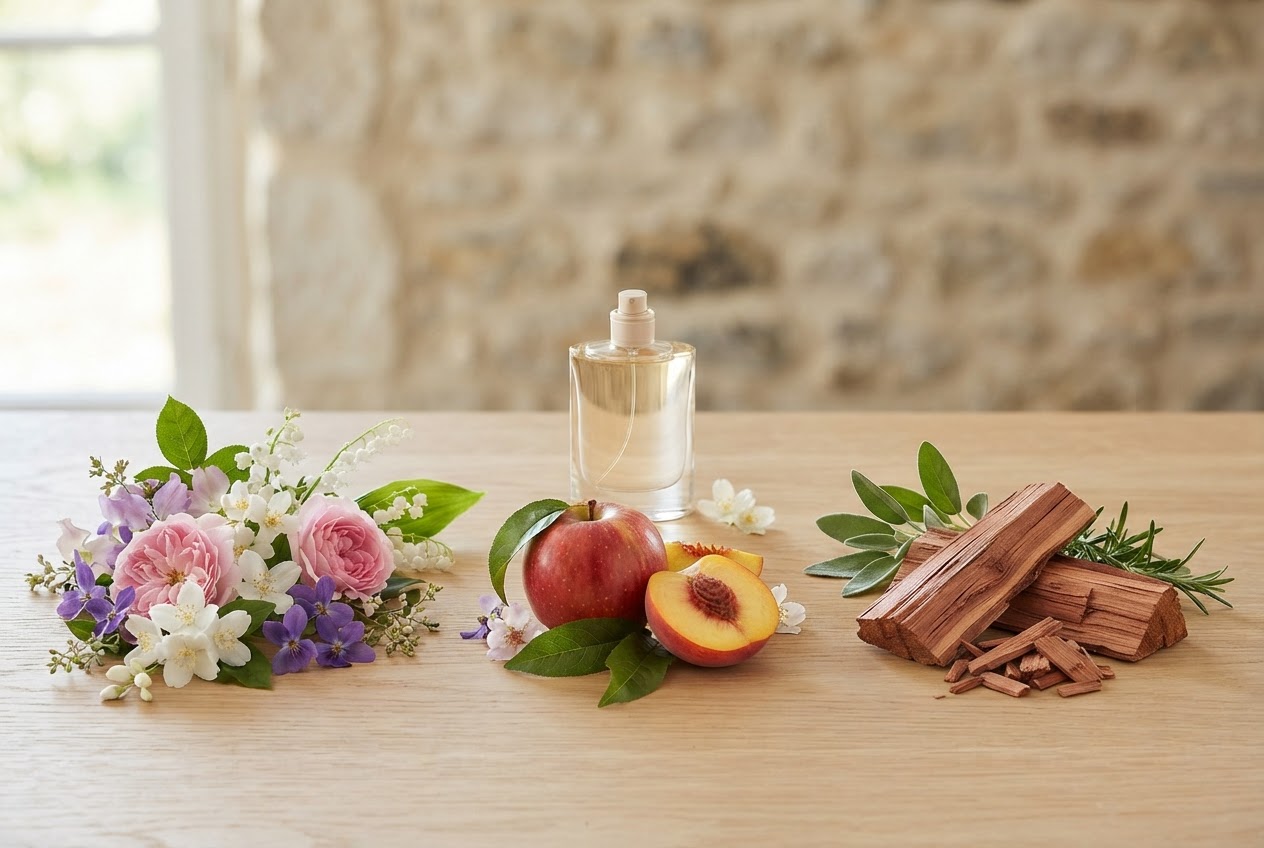 Blüten, ein Apfel, ein Pfirsich und Zedernholz sind in getrennten Gruppen auf einer hellen Fläche arrangiert.
