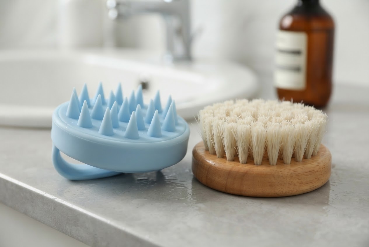 Eine Shampoobürste mit Silikonnoppen neben einer mit Naturborsten, beide mit rutschfestem Griff.
