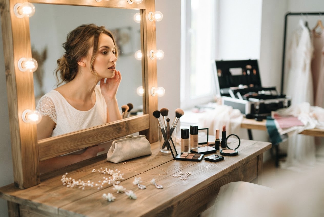 Eine Braut im Hochzeitskleid sitzt vor einem beleuchteten Spiegel und betrachtet ihr Make-up, auf dem Tisch liegen Accessoires und Make-up-Produkte.