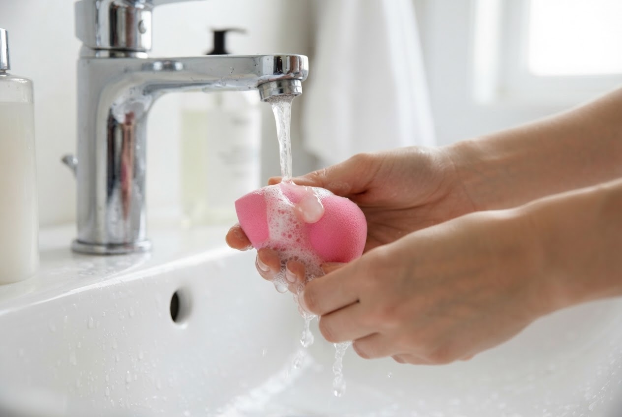 A hand rinsing a beauty blender under running water with a drop of mild cleanser, soapy lather visible.