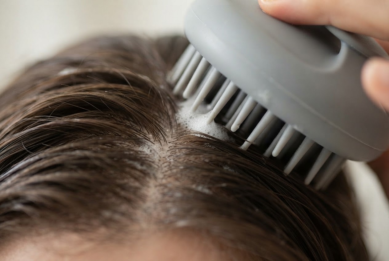 Realistic photo for Shampoobürsten: Kopfhautmassage und Haarwäsche in einem Schritt