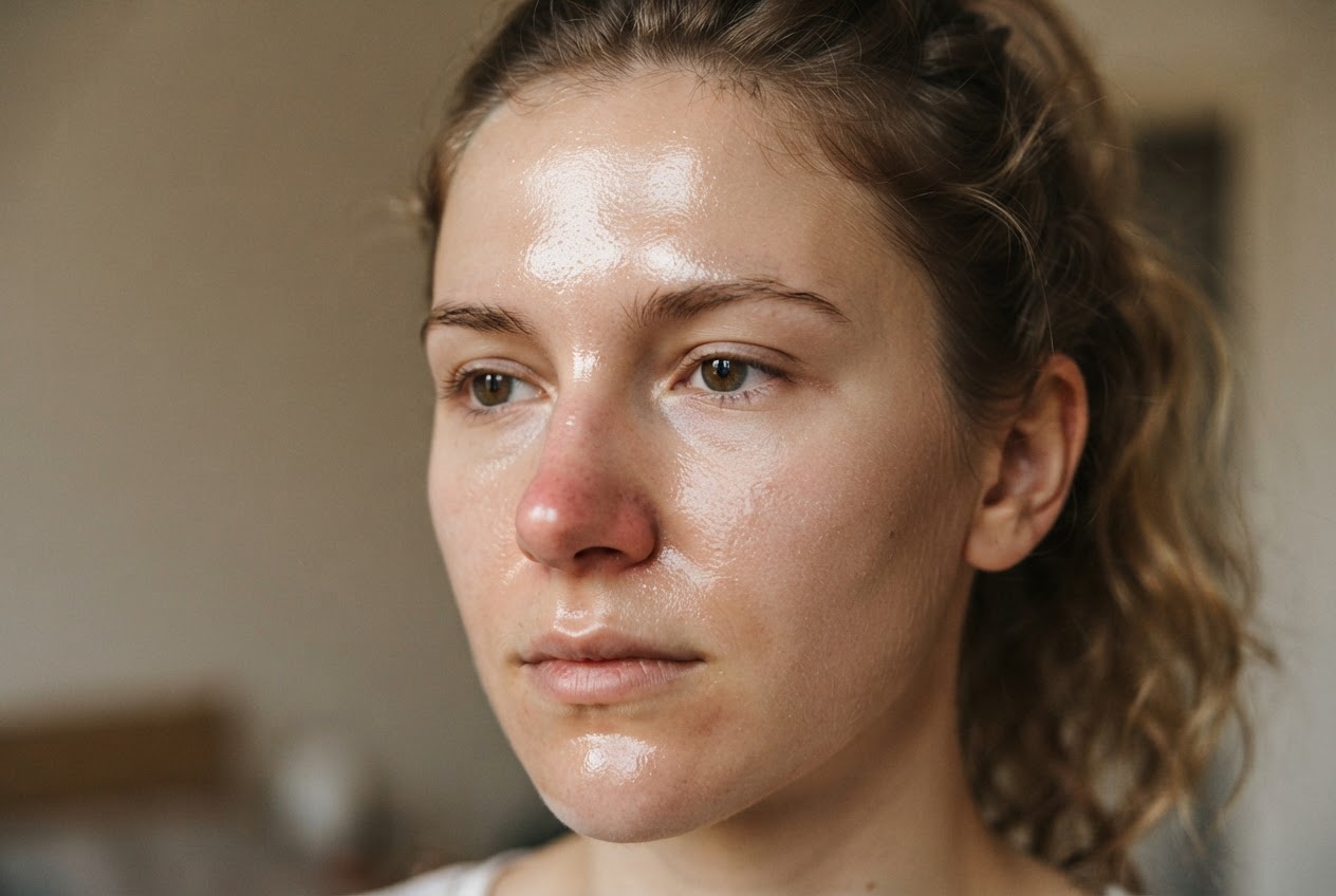 Portrait showing a shiny T-zone (forehead, nose, chin) and dry cheeks.