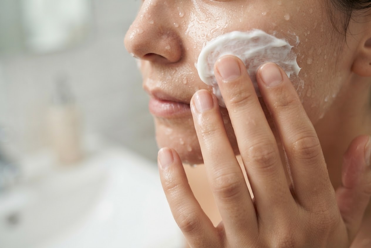 A person pressing a rich cream onto wet, freshly washed facial skin, water droplets visible, hand in focus.
