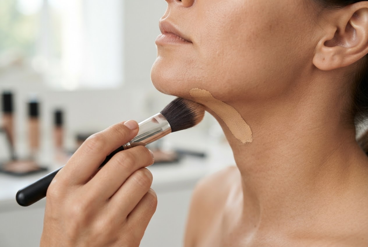 A person applying a small amount of foundation on their jawline to test the shade against their neck.