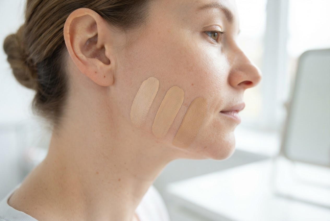 Swatches of foundation shades on a jawline in natural light.