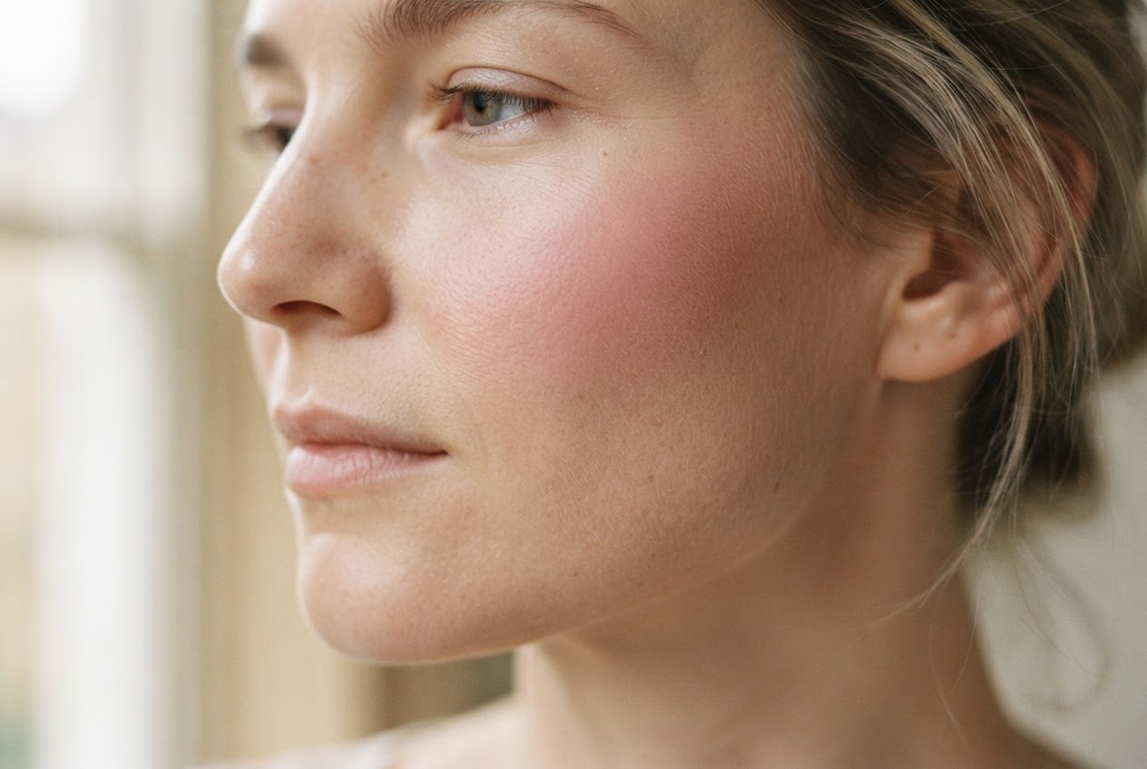 Close-up of a woman's cheek with natural skin, a soft rose blush on the cheekbone, and a matte complexion.