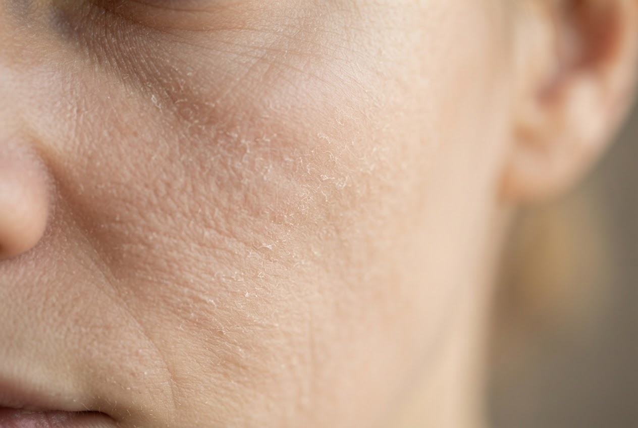 Close-up of a woman's cheek with flaky, dry patches, subtle texture, natural light.