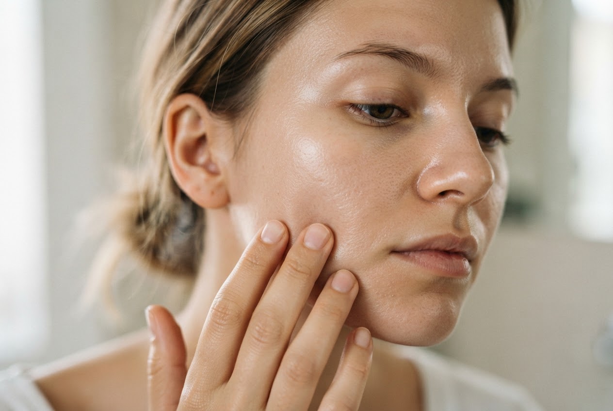 Close-up of a woman's face with visible skin texture, a hand gently touching her cheek, illustrating skin type assessment.