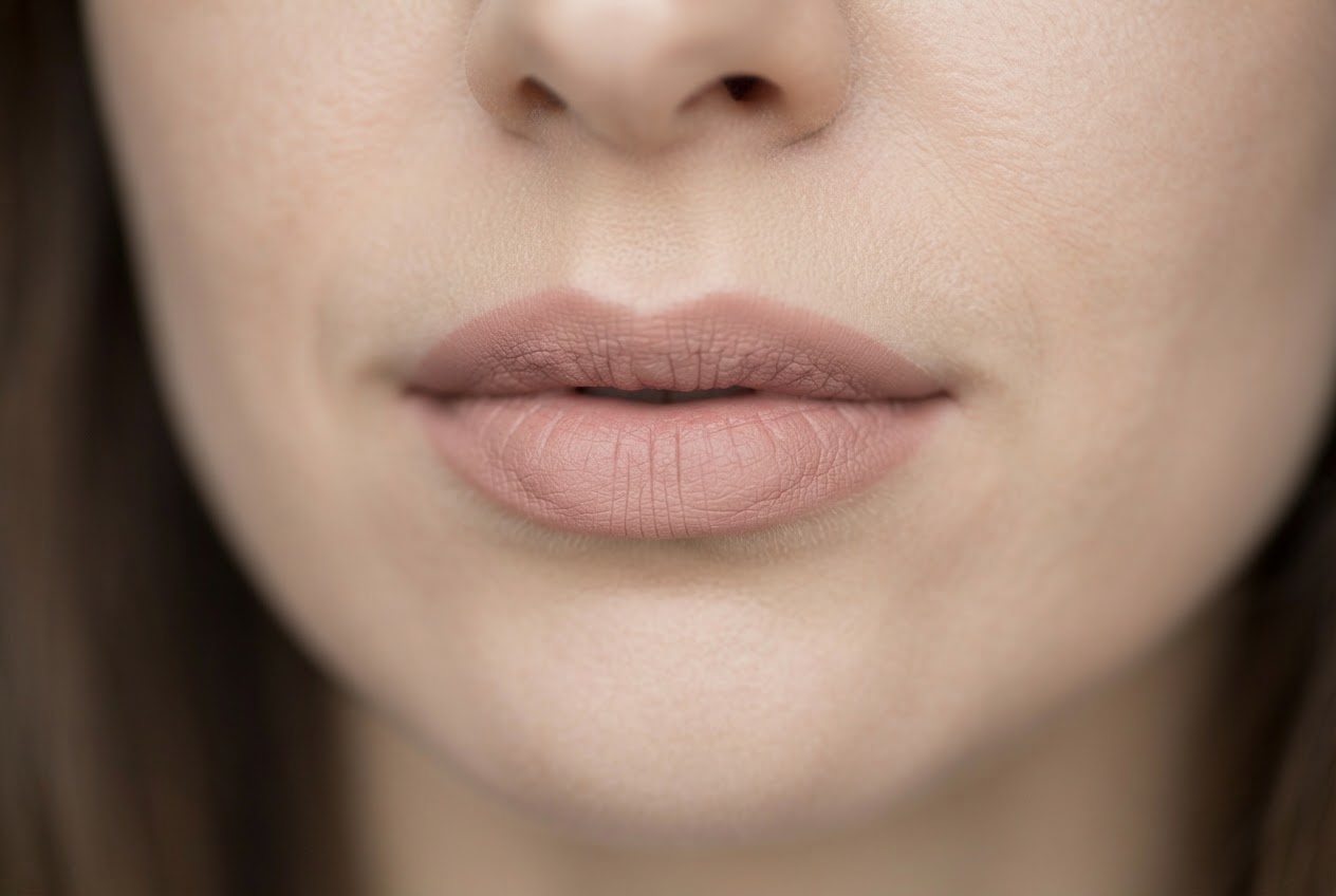 Close-up of a woman's lips with a matte nude-pink lipstick, natural lip shape, and no heavy gloss.