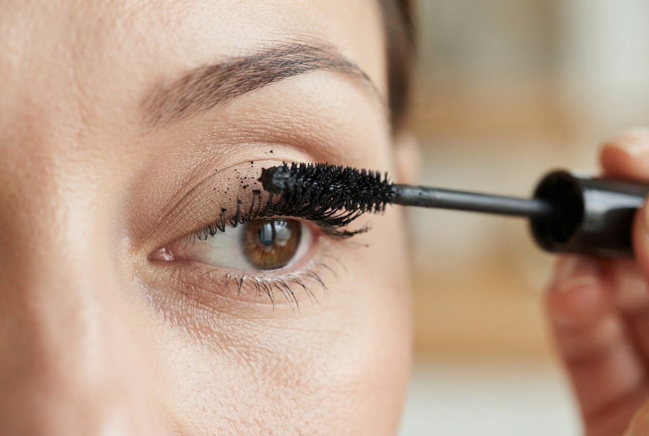 Applying mascara to eyelashes with a wand.