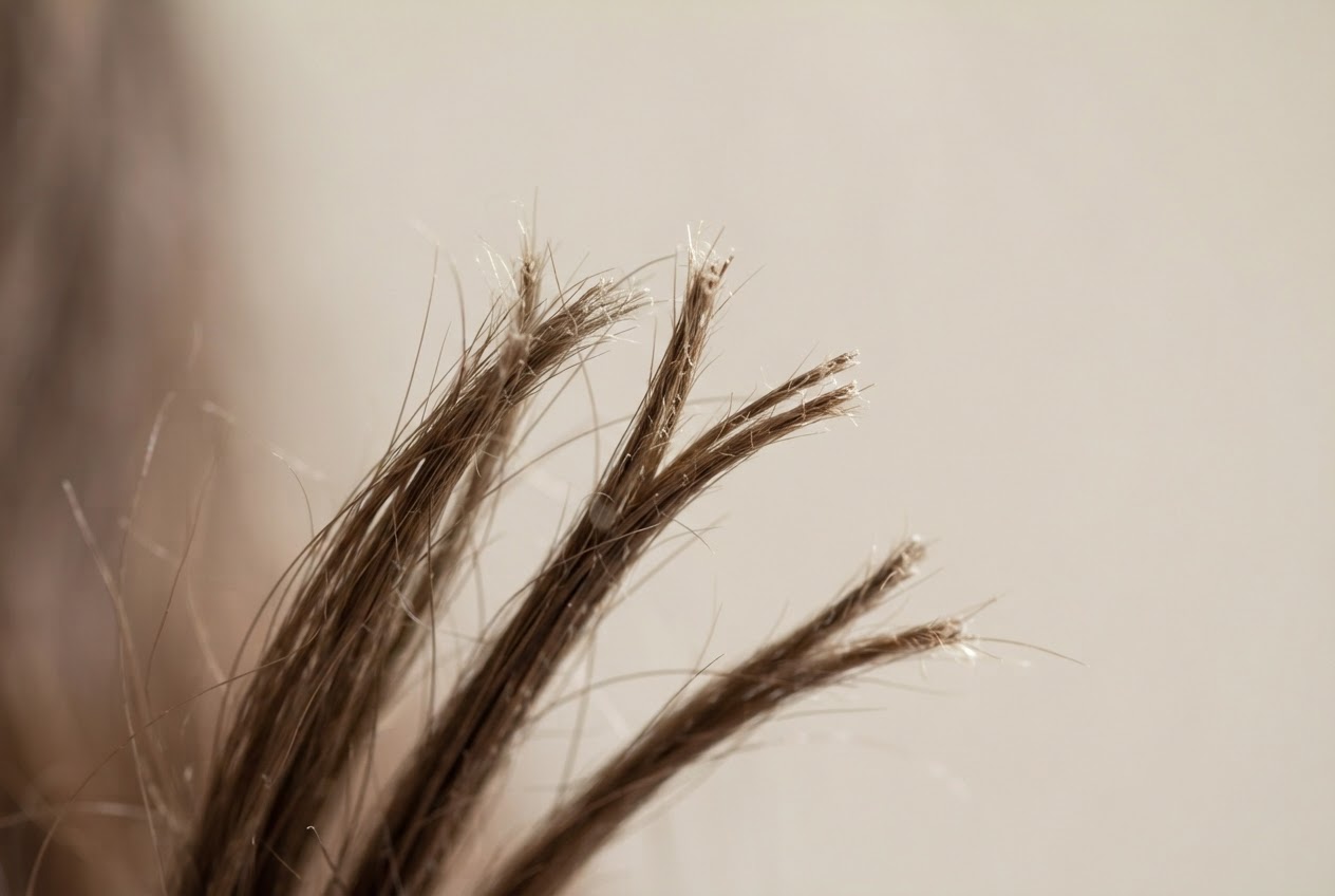 Close-up of dry, brittle hair with visible split ends