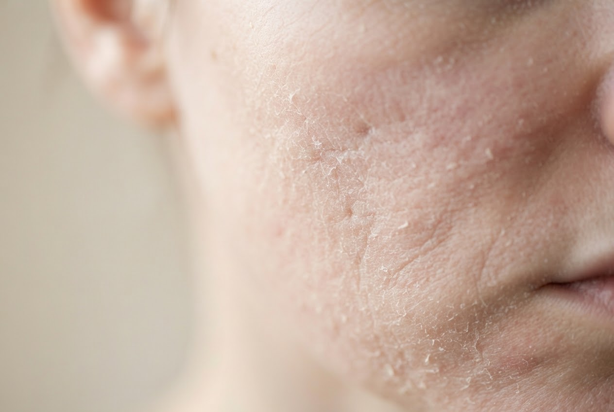 Close-up of dry skin on a cheek showing flaky patches and dull texture.