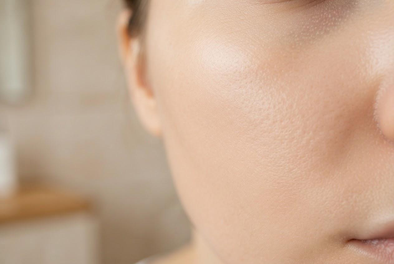 Close-up of healthy, balanced skin with fine pores and smooth texture.