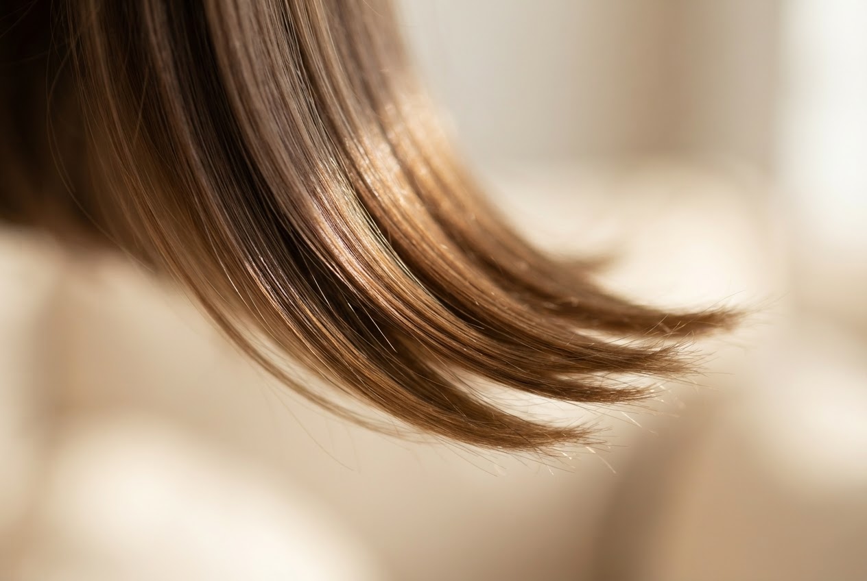 Close-up of healthy hair ends with natural shine, showing gloss and minimal split ends.