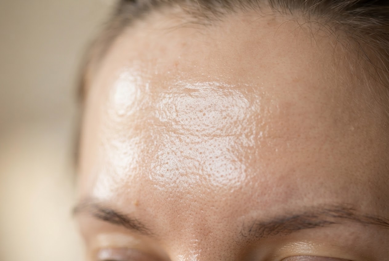 Close-up of oily skin with visible shine and enlarged pores on the forehead.