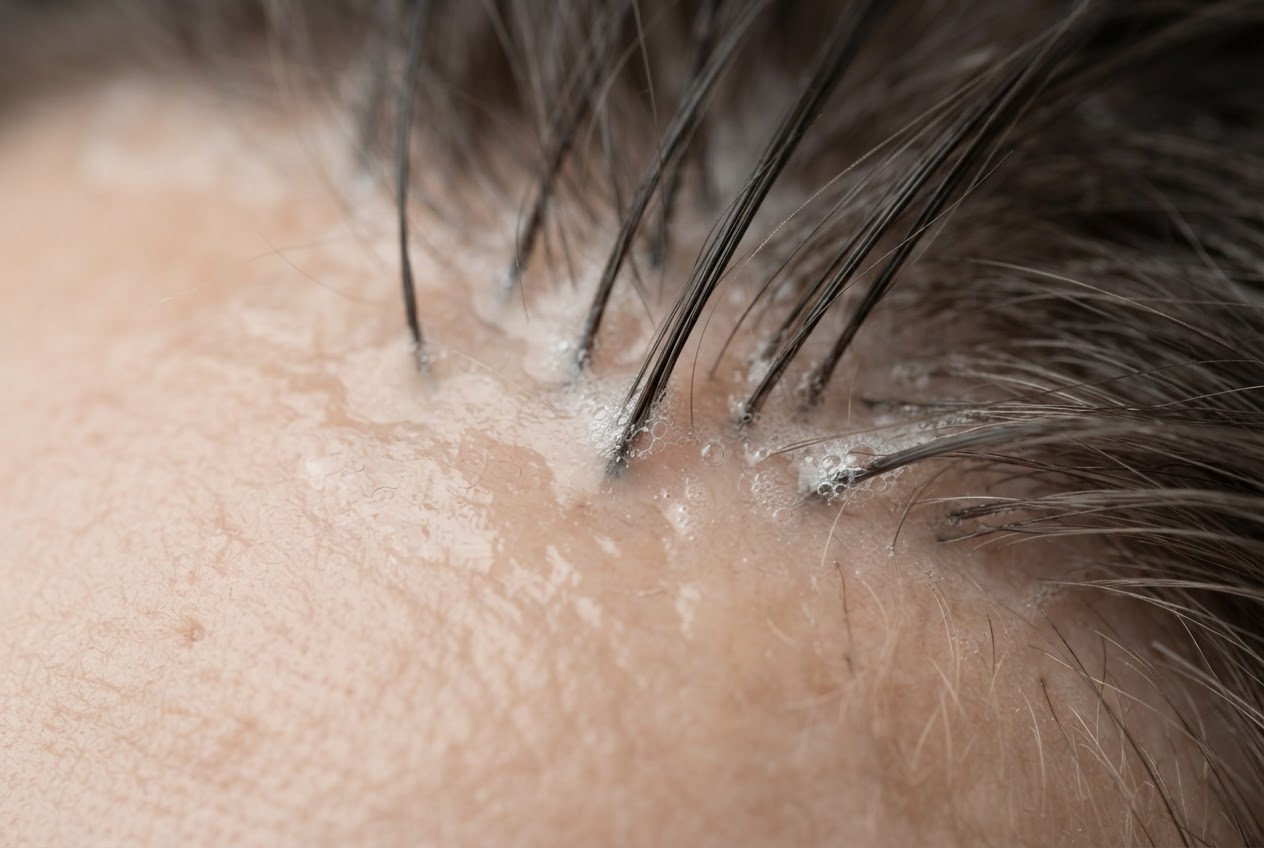 Close-up of a scalp with hair, showing the skin and follicles, not deep penetration.