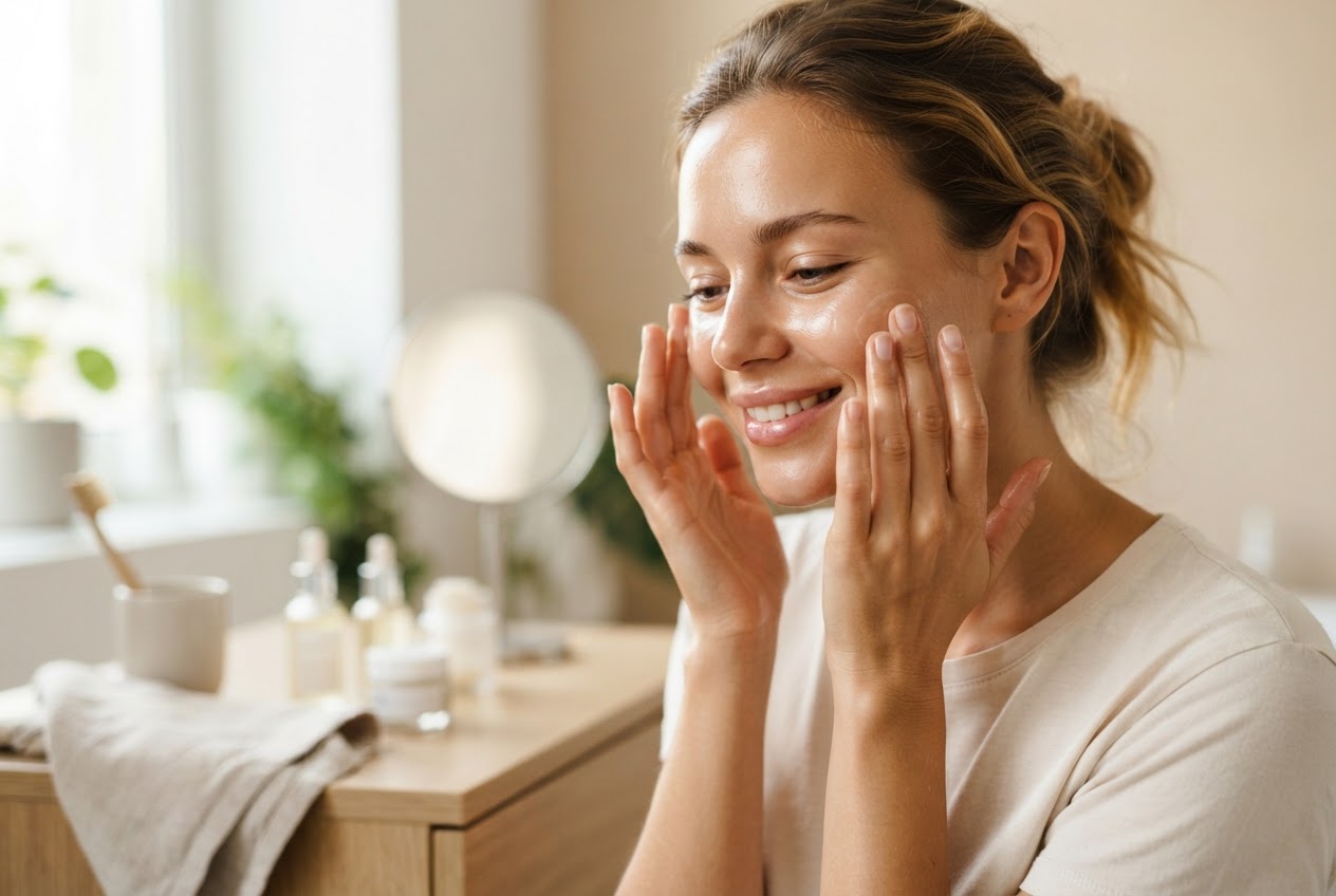 Close-up of sensitive skin with redness and slight irritation on the cheek.