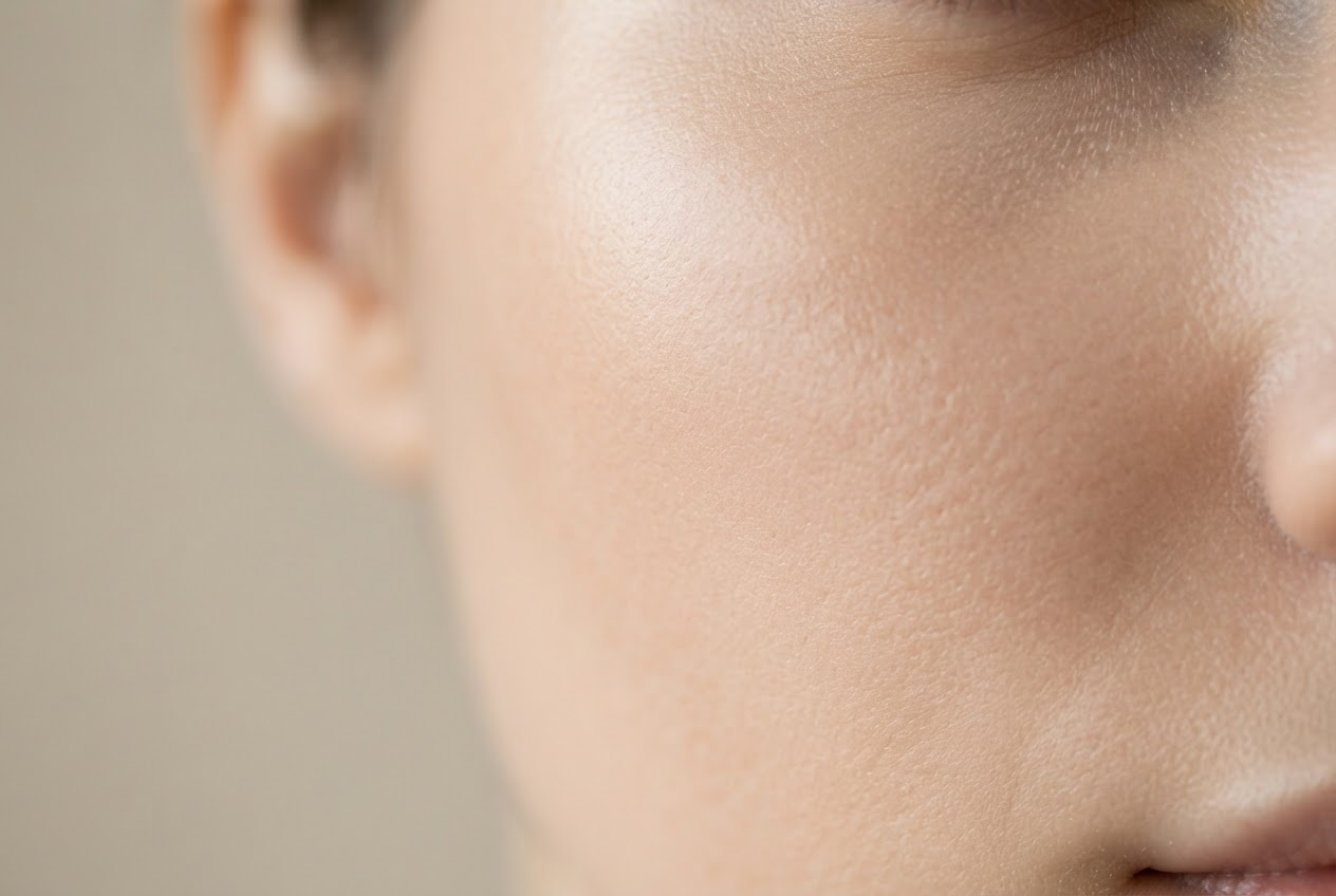 Macro close-up of smooth facial skin with a soft glow, representing improved skin texture.