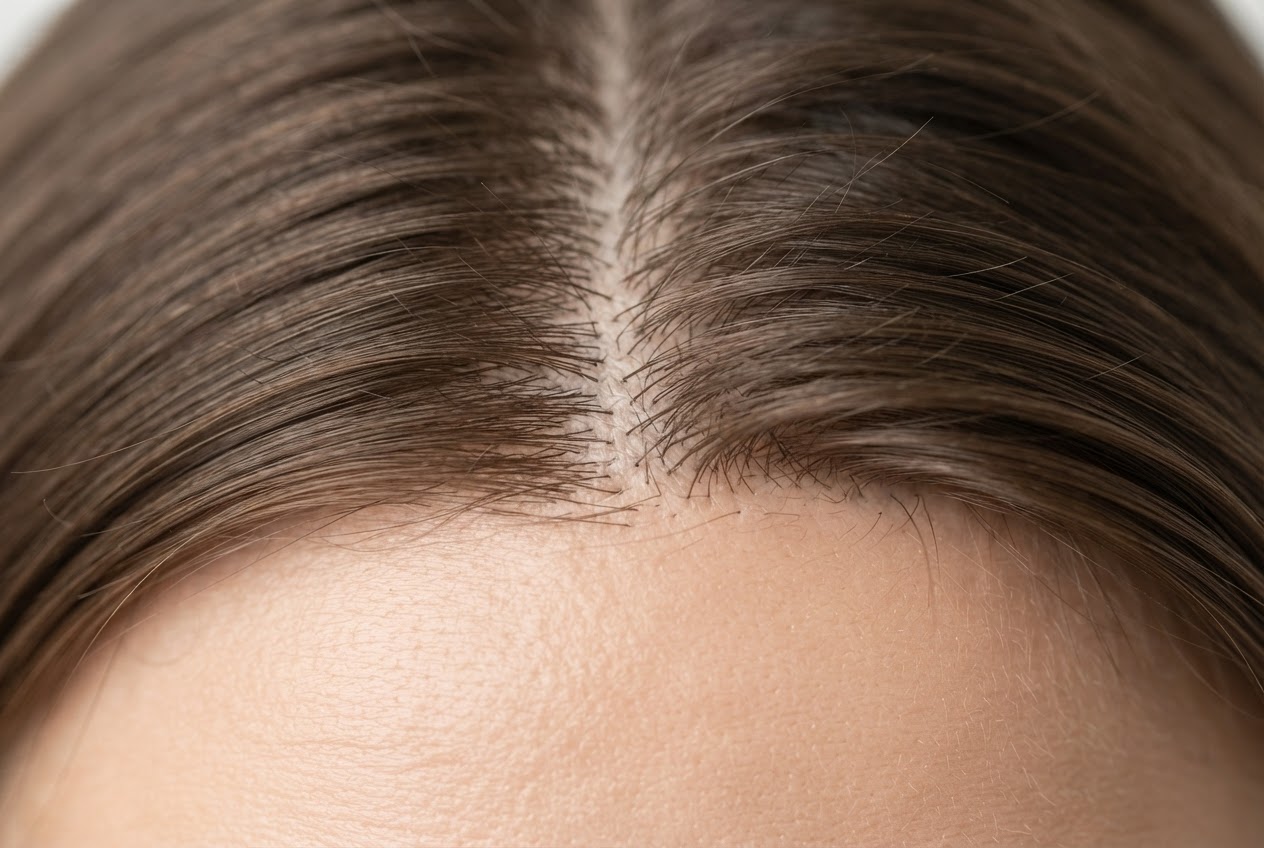 Close‑up of a human scalp with hair follicles visible, showing the hair roots.