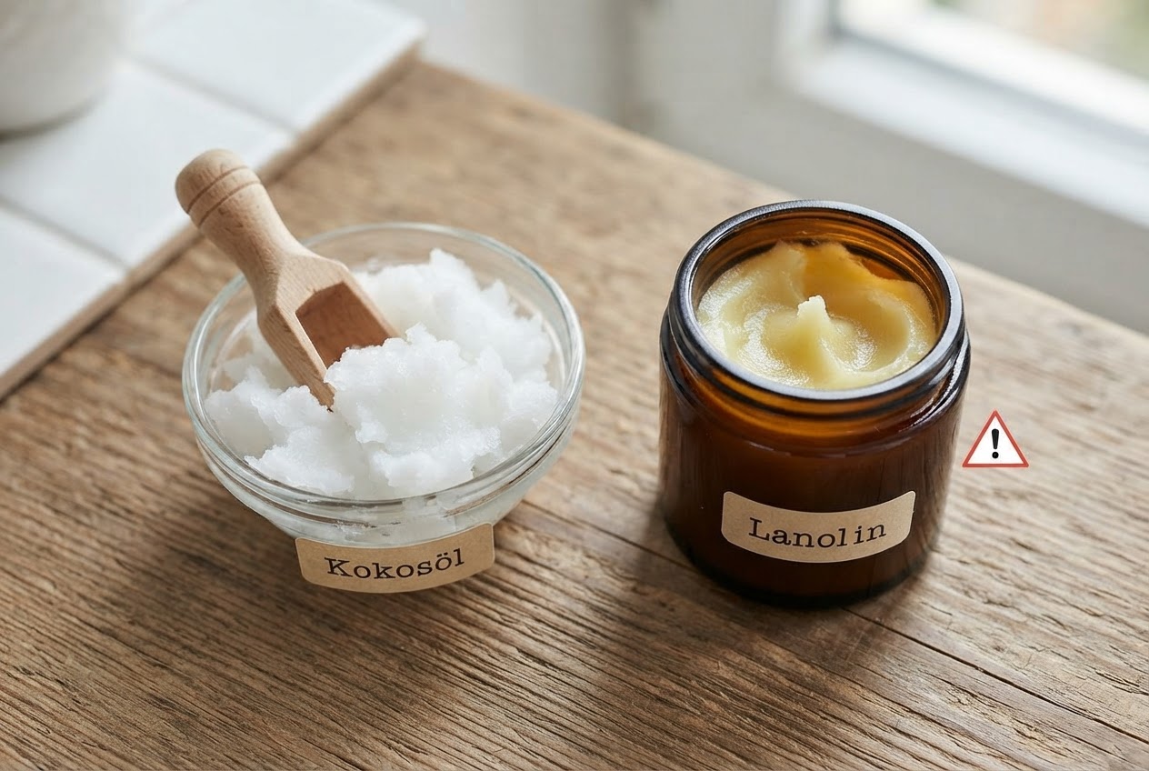 A bowl of coconut oil and a container of lanolin side by side, with small labels indicating their comedogenic potential.