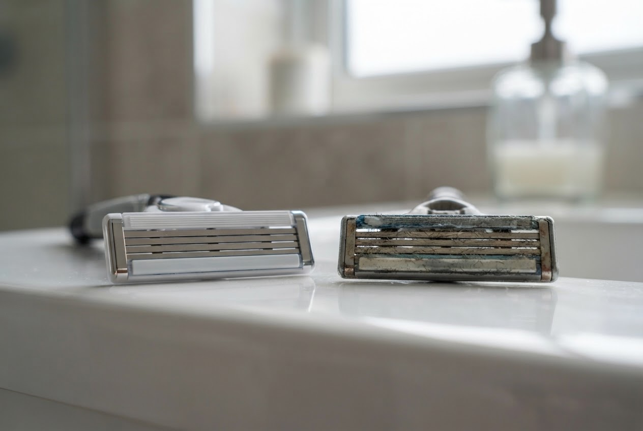 A new razor blade next to an old, dull blade on a bathroom counter.