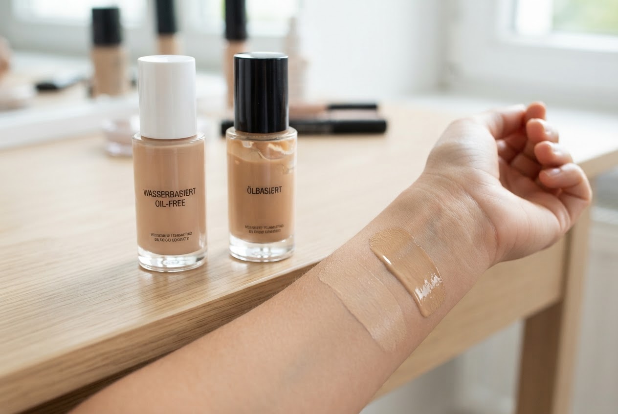Two foundation bottles side by side, one labeled 'oil-free' and one with a shiny oil base, with a swatch of each on a forearm.
