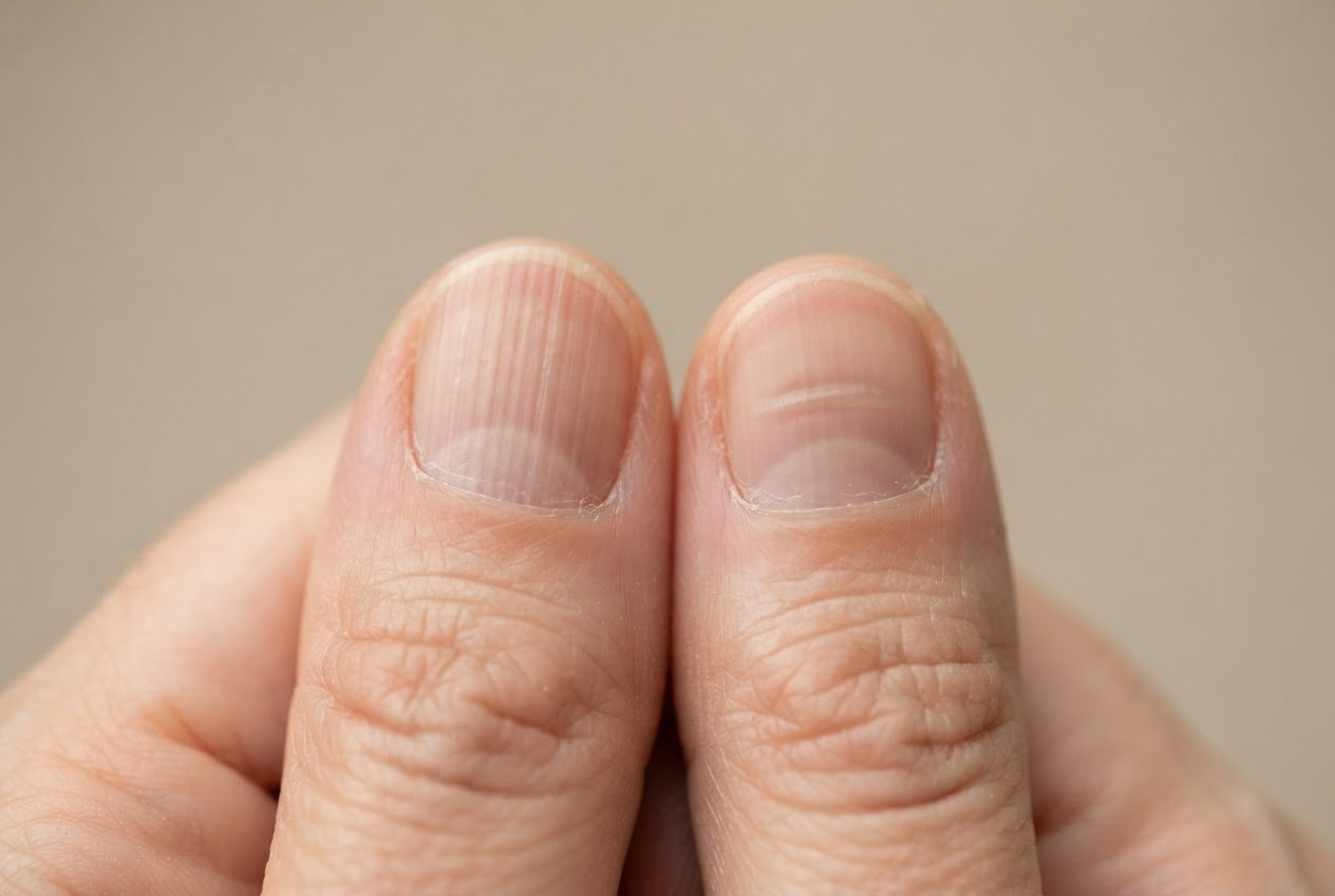 Two hands side by side, one with a nail showing vertical ridges, the other with a nail showing horizontal ridges.