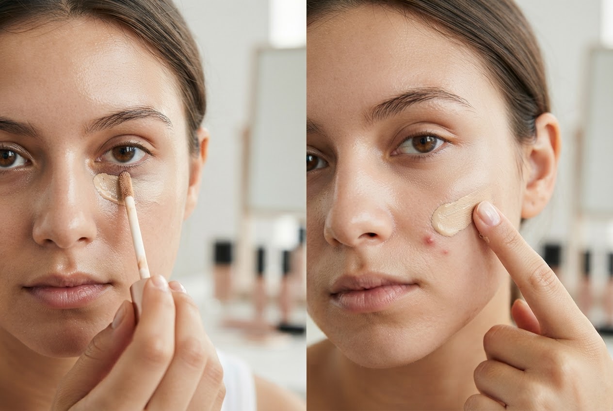 A hand holding a concealer wand, with a close-up of application under the eye and another dot on a blemish.