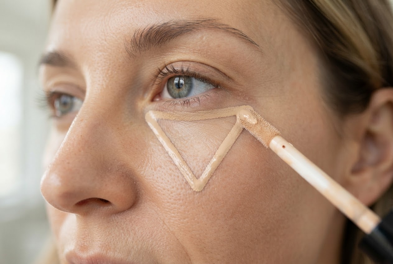 Close-up of under-eye area with a concealer applicator creating a triangle shape from the inner corner to the cheek.