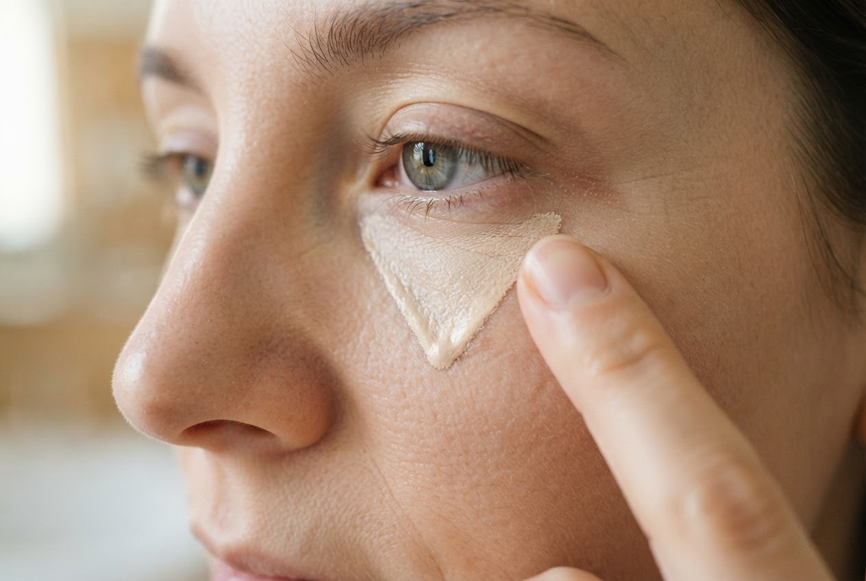 A finger tapping concealer under an eye in the shape of an inverted triangle, with a small amount of cream.