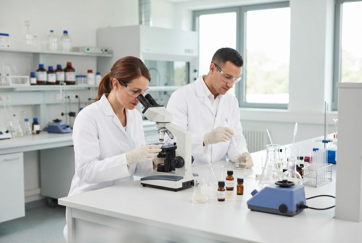 Modern cosmetics laboratory with scientists working.