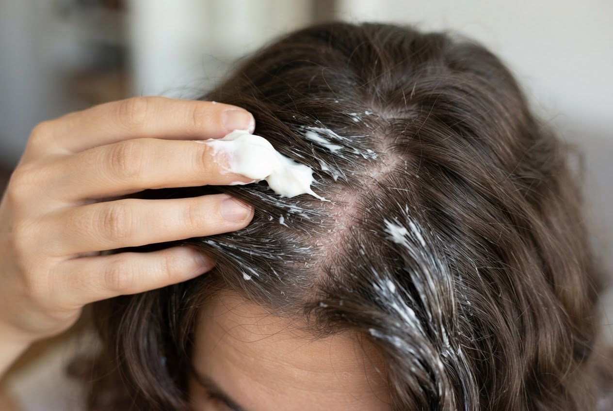 A hand with a dollop of cream trying to apply it to the scalp, but the cream clings to hair strands instead of reaching the skin.