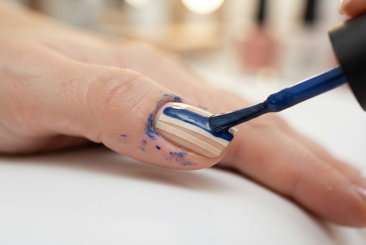 Ein Finger mit parallelen Klebestreifen auf dem Nagel, über die mit einem Pinsel farbiger Lack aufgetragen wird.