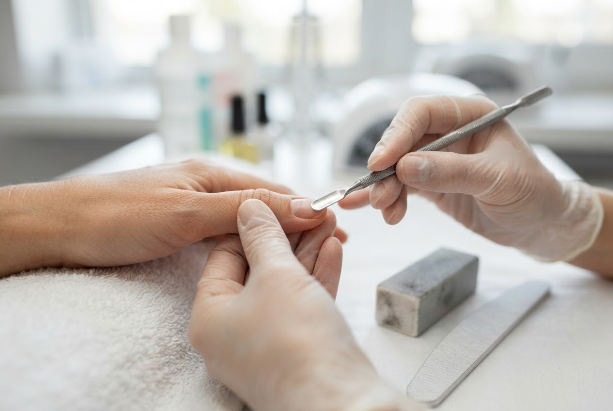 A close-up of a hand with a cuticle pusher gently pushing back the cuticle on a nail, with a nail file nearby.