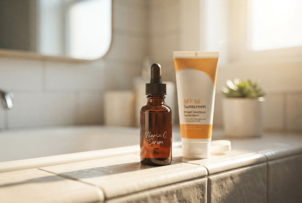 A dark amber glass dropper bottle of vitamin C serum on a bathroom shelf, with morning sunlight and a tube of sunscreen beside it.