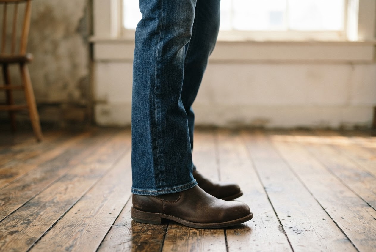 Der breitere Saum einer Bootcut-Jeans fällt locker über den Schaft eines Stiefels.