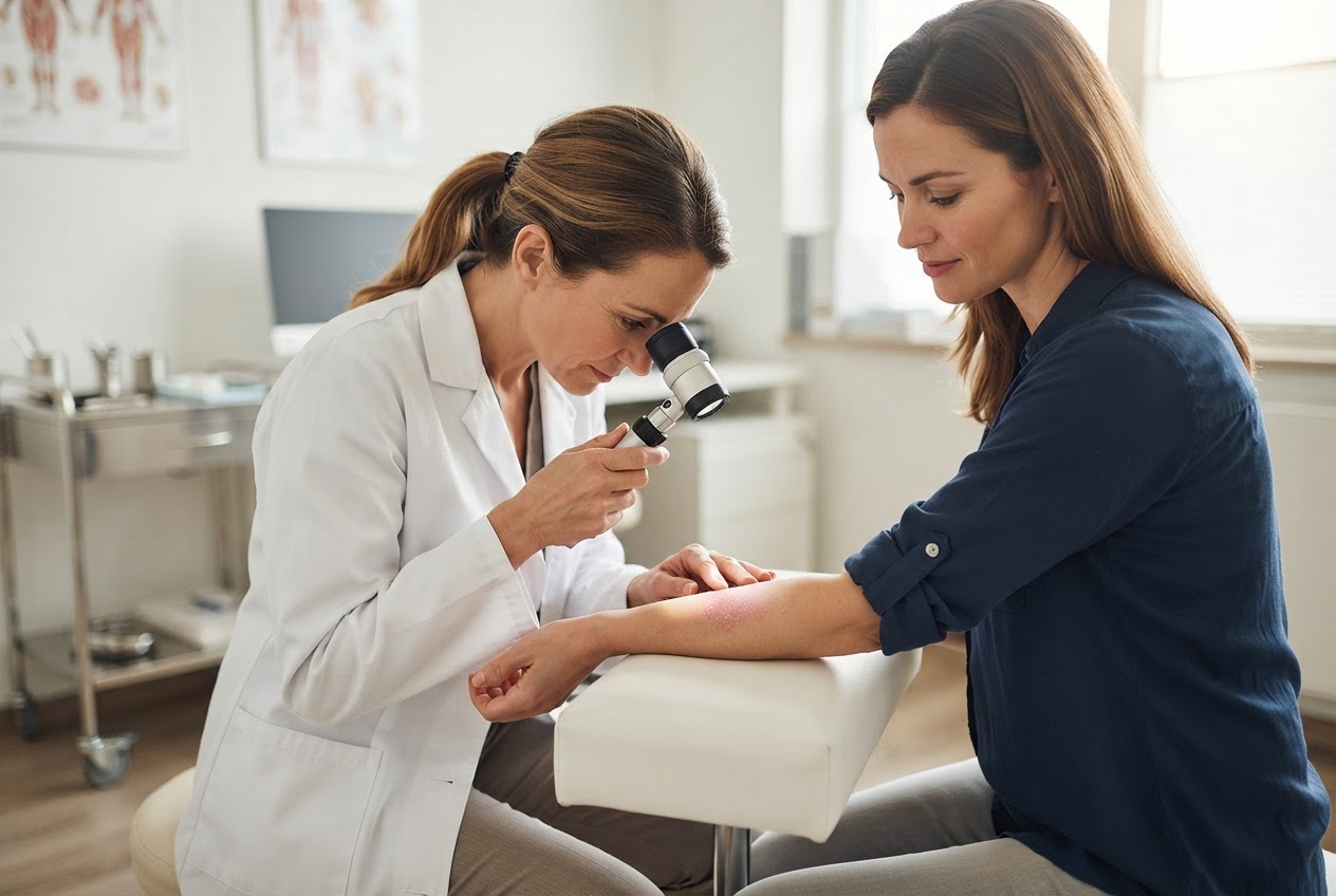 A dermatologist examining a patient's arm skin with a dermatoscope in a medical office.