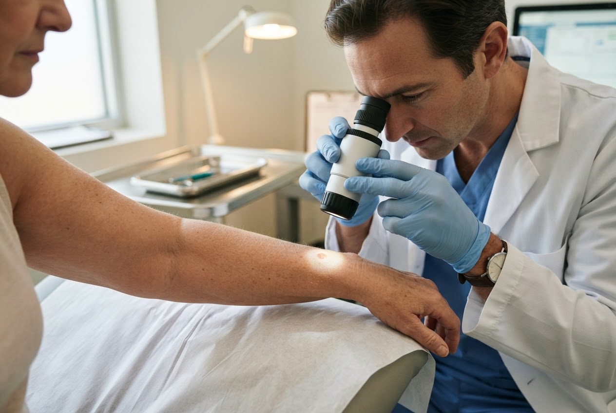 Dermatologist using a dermatoscope on a patient's skin in a clinic.