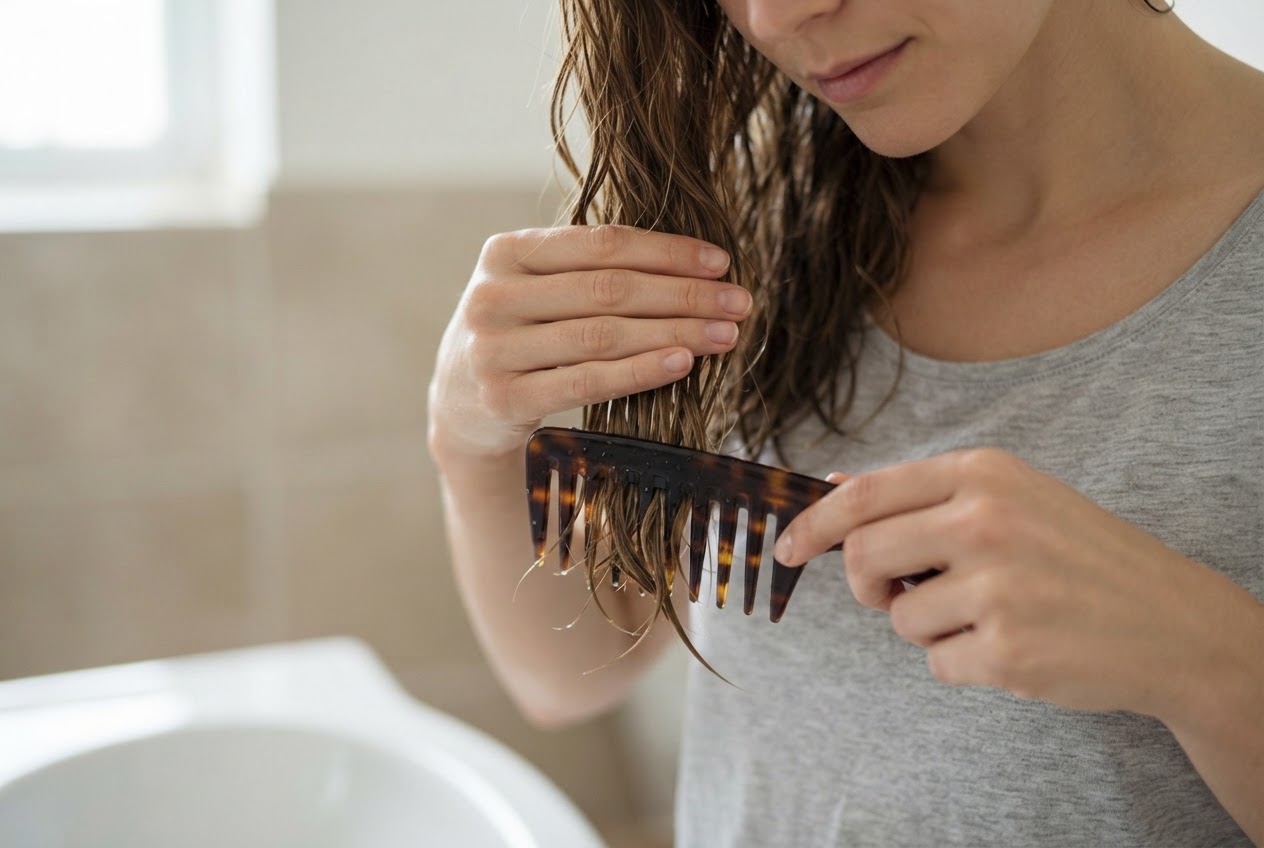 A person combing wet hair with a wide-tooth comb, starting at the ends and moving upward.
