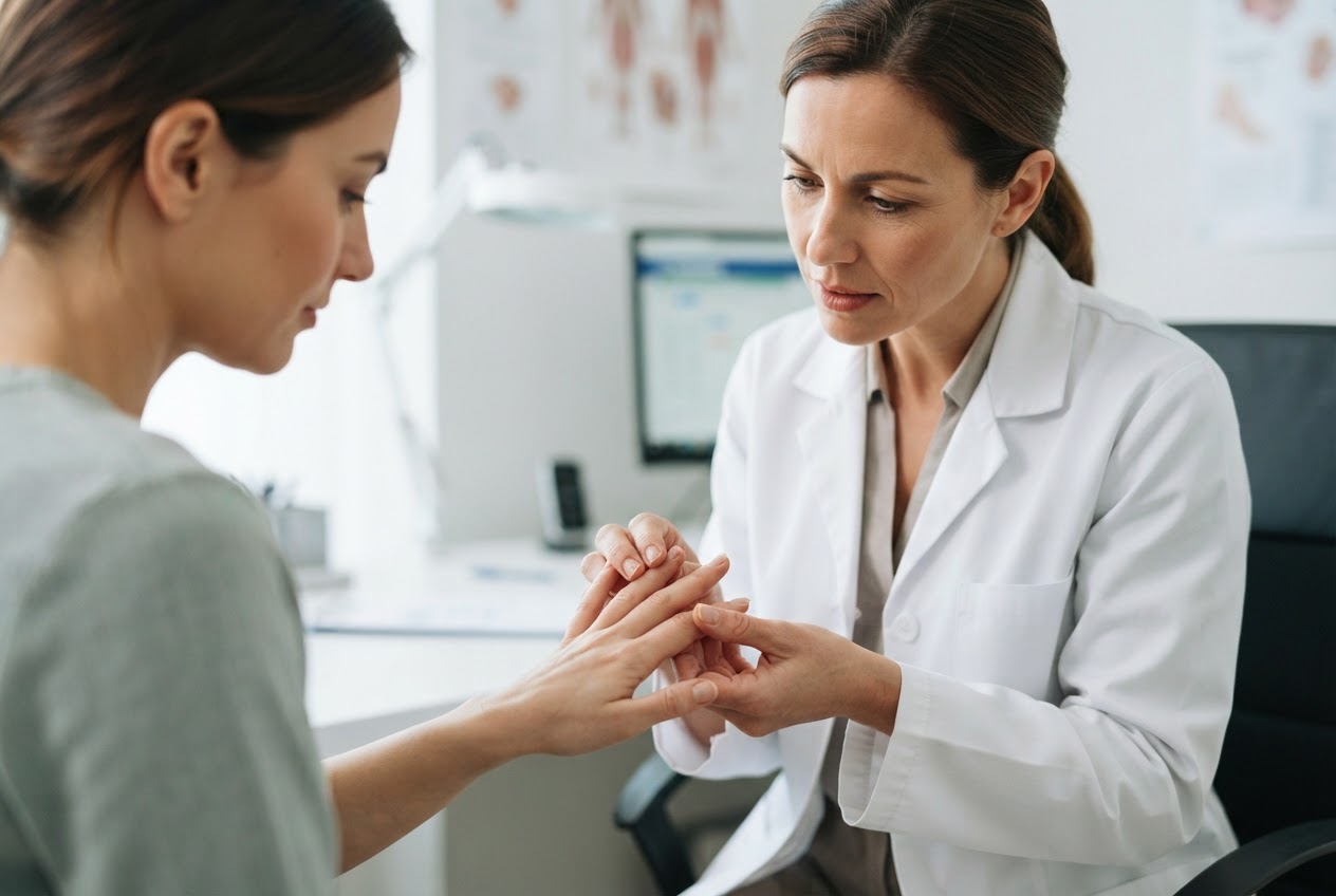A doctor in a white coat holding a patient's hand and examining the fingernails in a medical office.