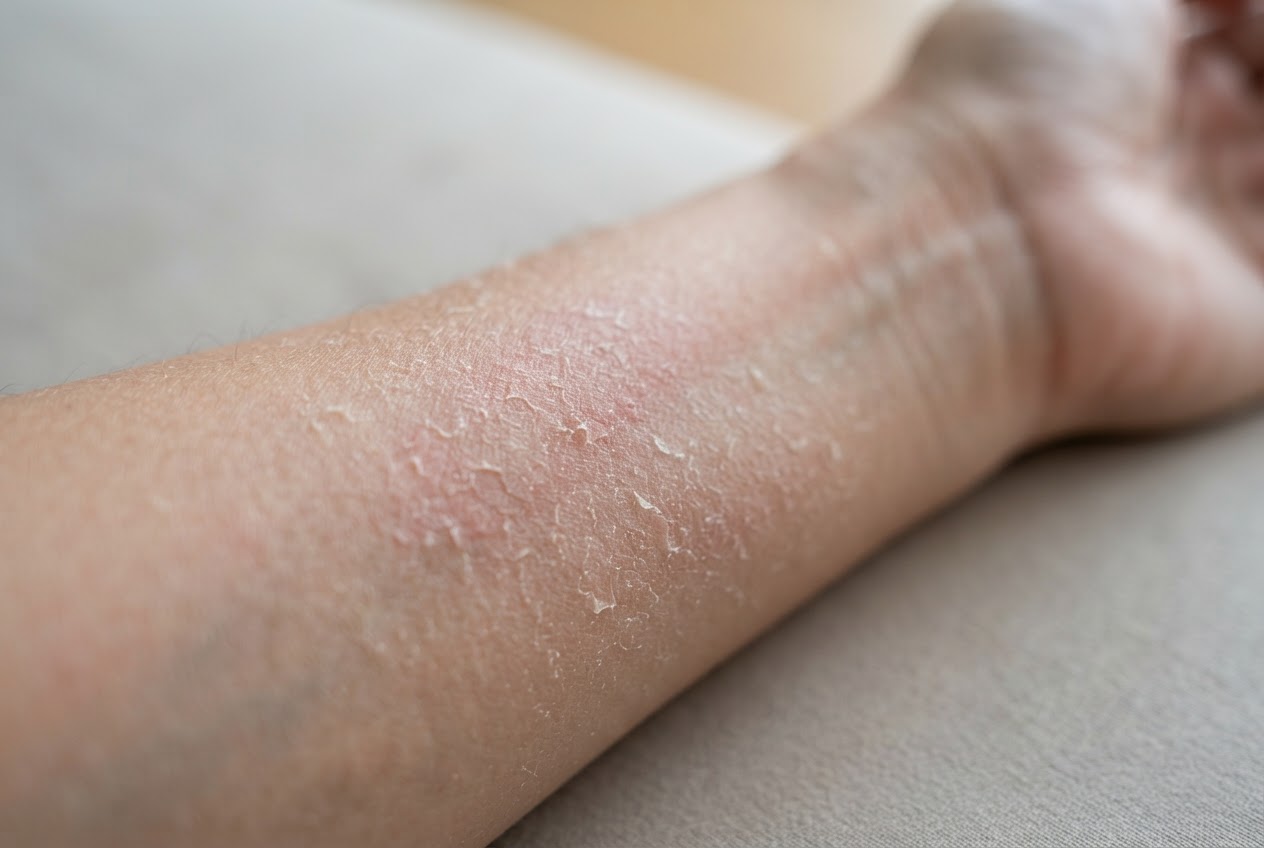 Close-up of a person's forearm showing dry, flaky skin with slight redness and scale.