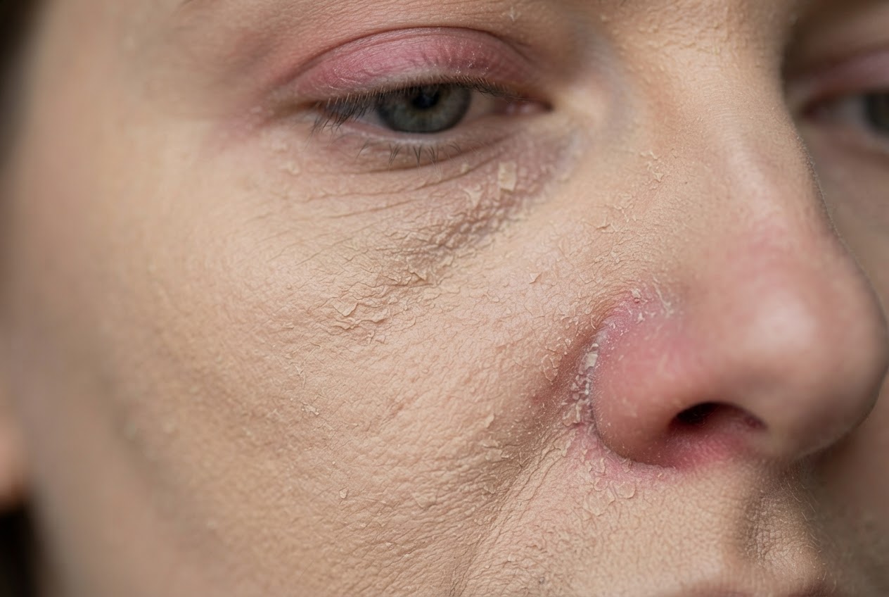 Close-up of dry skin with flaky patches and redness around the nose and eyelids after applying matte foundation.