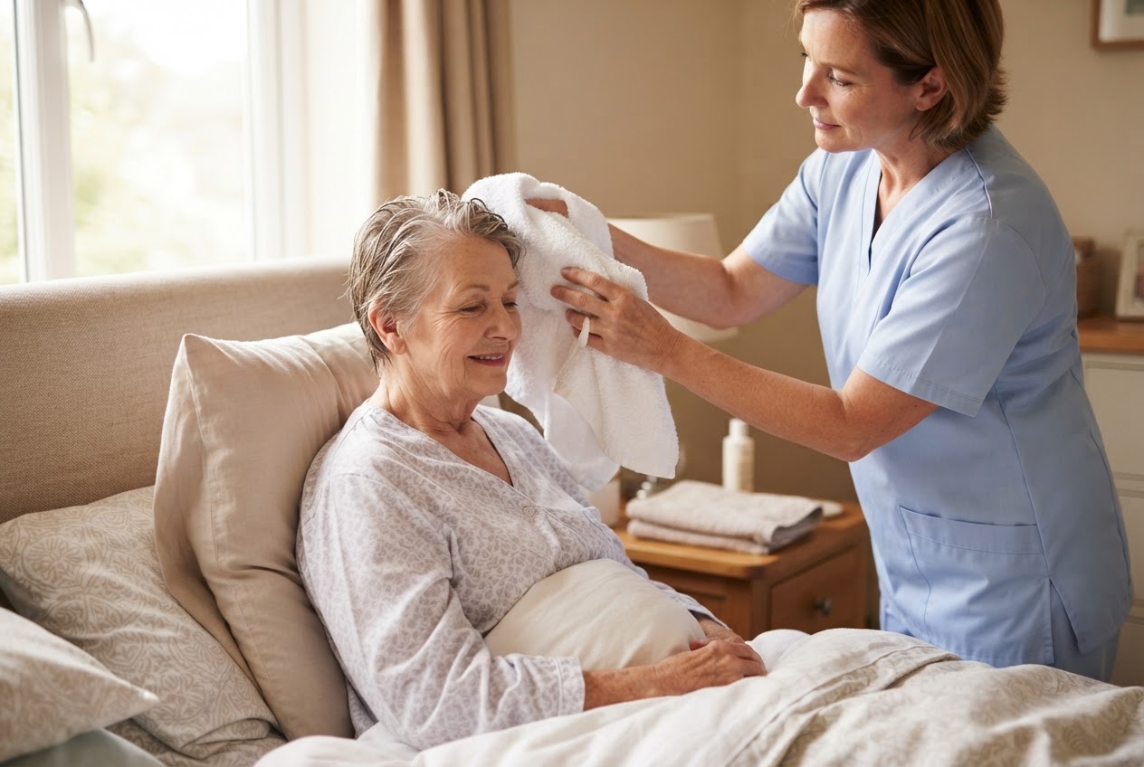 A caregiver dries a person's hair with a soft towel while the person sits in bed, looking relaxed.