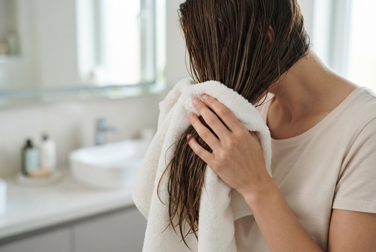 Woman wrapping a microfiber towel around her wet hair, gently pressing to remove excess water.