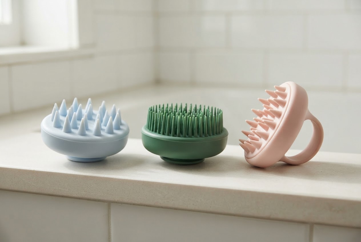Drei verschiedene Shampoobürsten: mit weichen Noppen, mit dichteren Borsten und eine ovale Bürste.