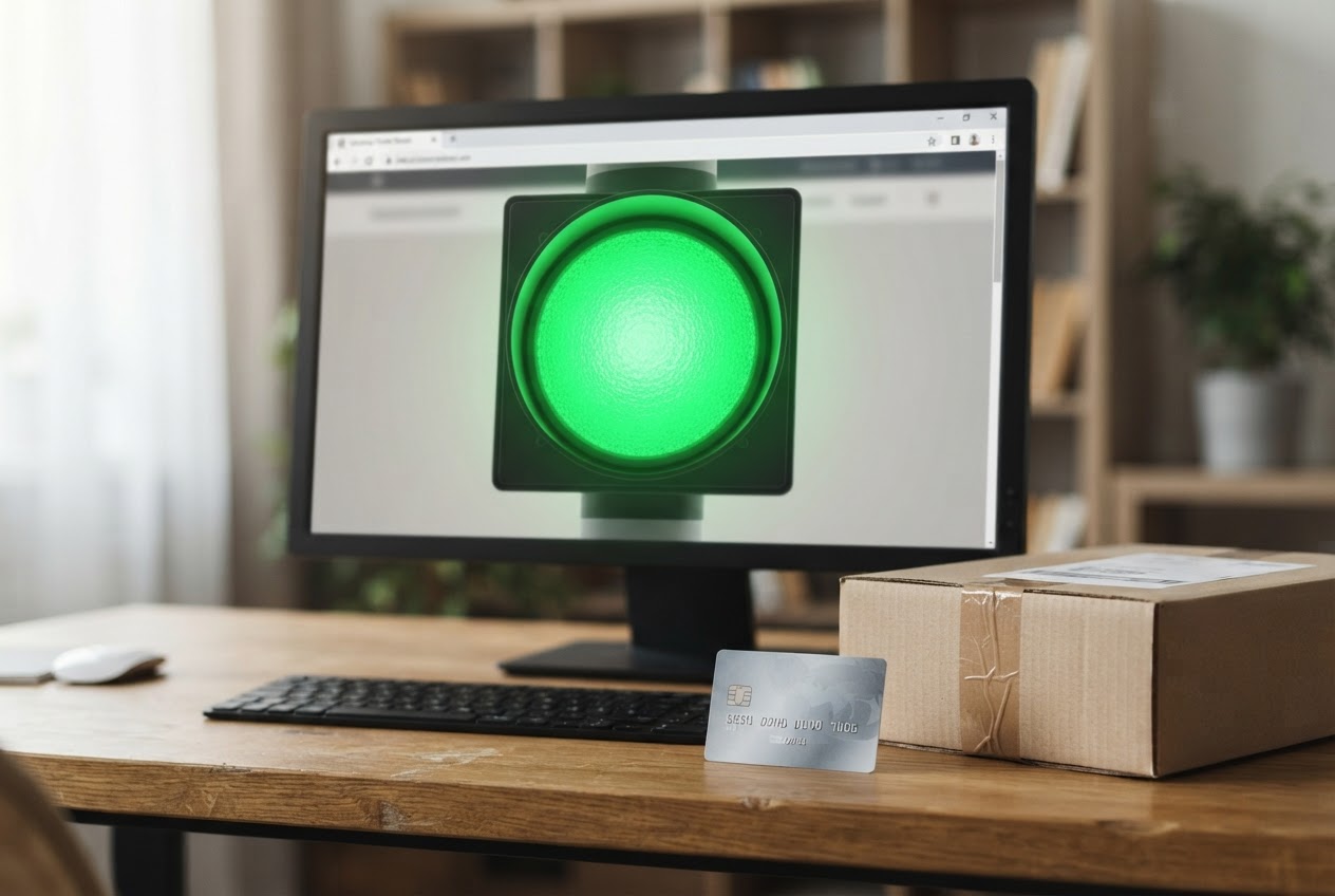 Ein Bildschirm zeigt eine grüne Ampel als Symbol für einen unauffälligen Online-Shop.