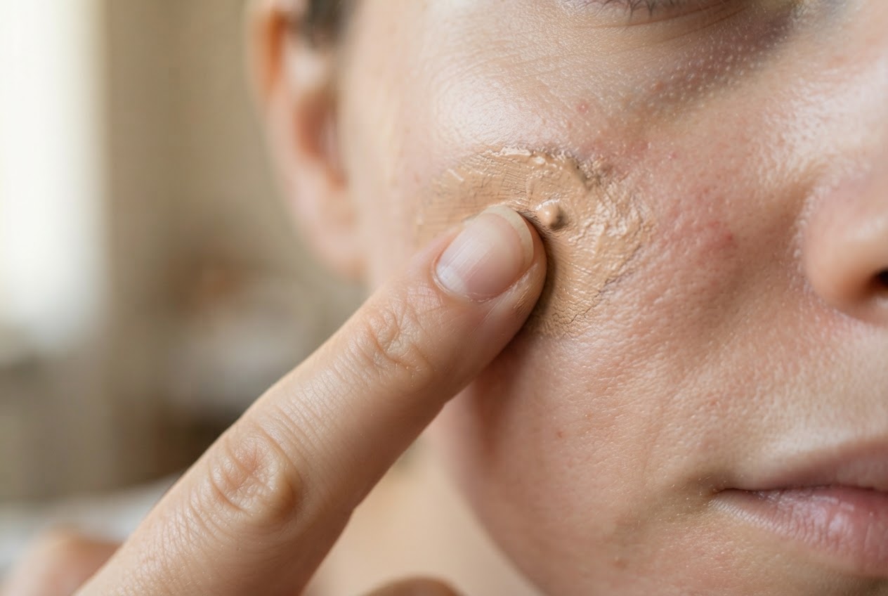 Nahaufnahme eines Fingers, der mit tupfenden Bewegungen Camouflage-Creme in die Haut einarbeitet
